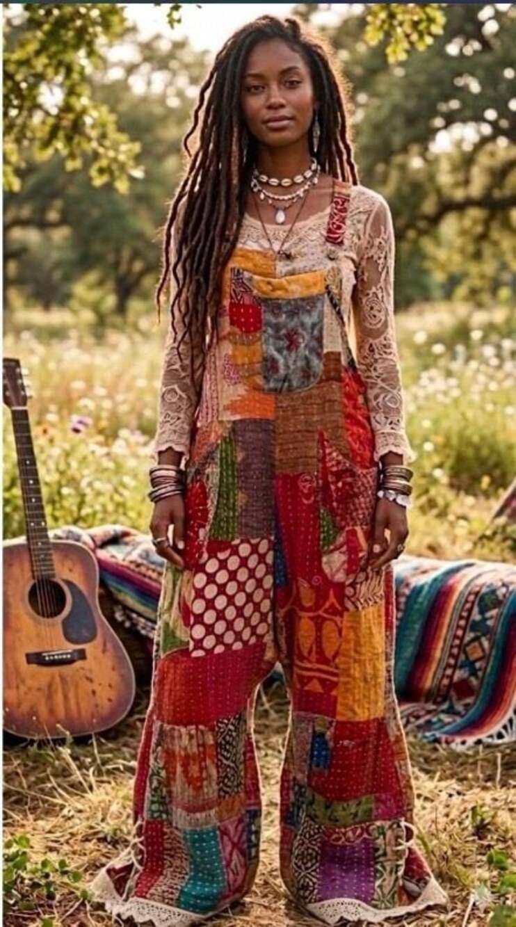 Bohemian Handmade Kantha Patchwork Ruffle Hem Overall Jumpsuit